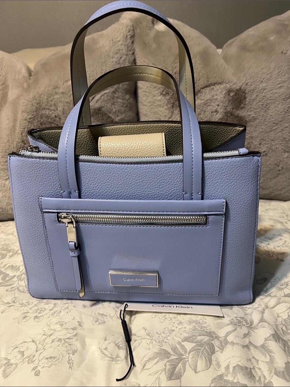 Calvin Klein Periwinkle Pebble Leather Tote with Front Zip Pocket